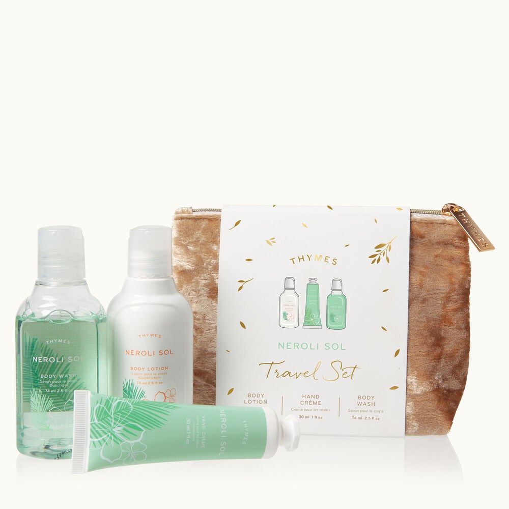 Thymes Neroli Sol Travel Set with travel size toiletries in TSA approved sizes image number 1